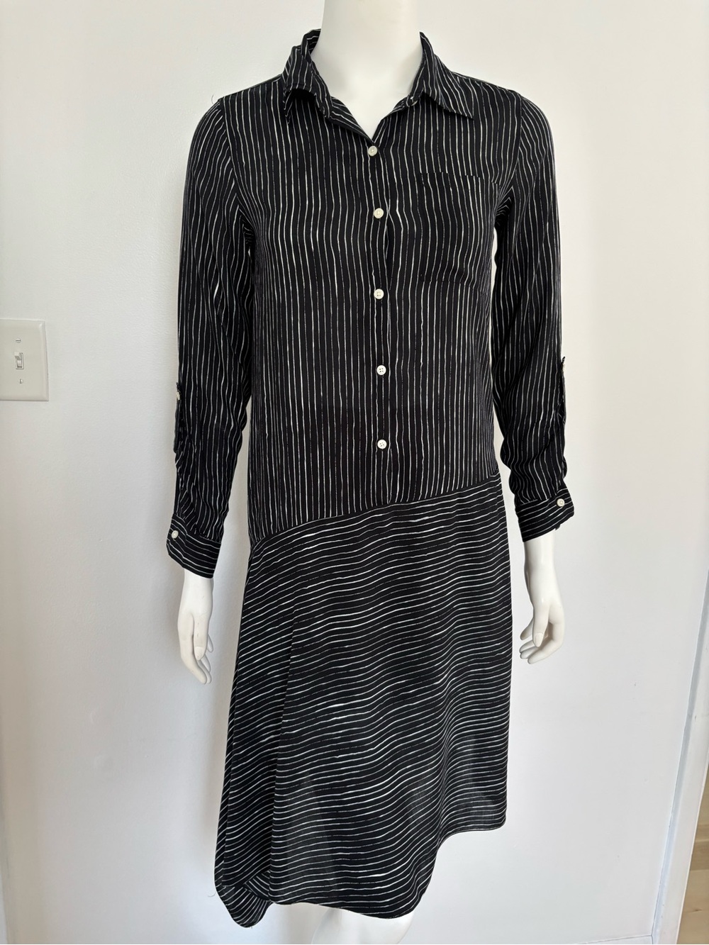 Black Pinstripe Long-Sleeve Shirt Dress